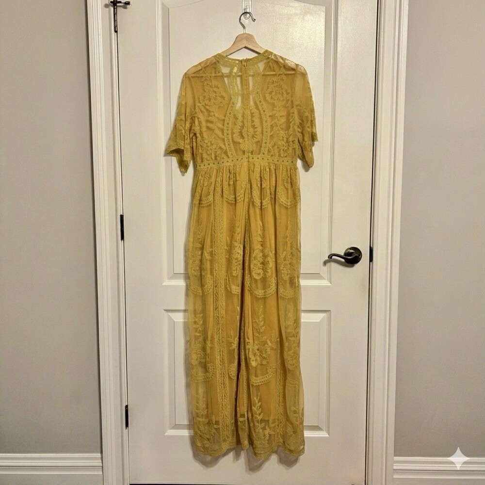 PINK BLUSH Women's Yellow Embroidered Lace Short Sleeve Maxi Dress Size M - Picture 4 of 5